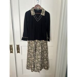 eShakti Floral Midi Length Fit and Flare Dress Womens Size 16 Black Green